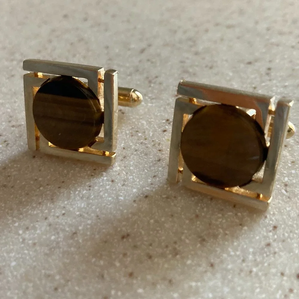 Cuff Links Gold Tone Tiger Eye Vintage